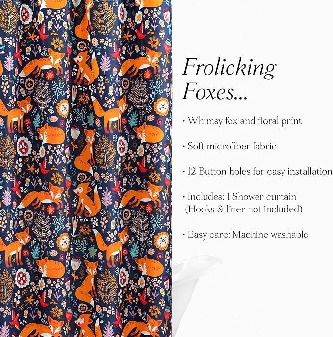 Lush Decor Pixie Fox Shower Curtain, 72" W x 72" L, Navy - Navy Shower Curtain - Fun Kids Floral & Animal Bathroom Decor