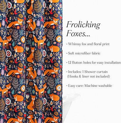 Lush Decor Pixie Fox Shower Curtain, 72" W x 72" L, Navy - Navy Shower Curtain - Fun Kids Floral & Animal Bathroom Decor