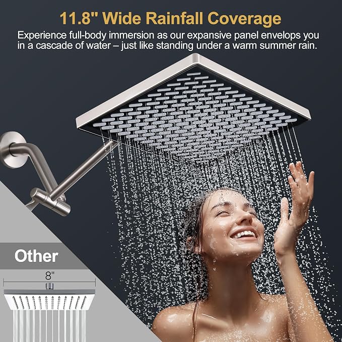 Cobbe Rainfall Shower Head for Bathroom, 11.8 Inch Large Rectangular with Adjustable Stainless Steel 11 Inch Extension Arm - Premium Quality Luxury Experience, No Tools Installation, Brushed Nickel