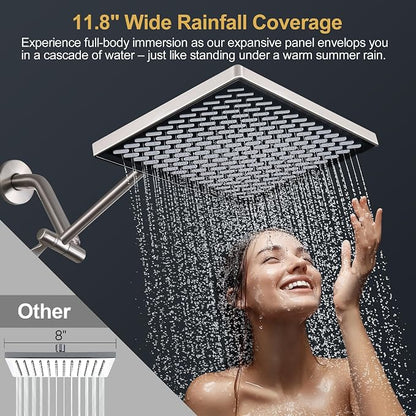 Cobbe Rainfall Shower Head for Bathroom, 11.8 Inch Large Rectangular with Adjustable Stainless Steel 11 Inch Extension Arm - Premium Quality Luxury Experience, No Tools Installation, Brushed Nickel