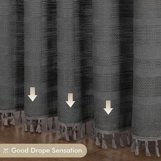 Extra Long Charcoal Grey Shower Curtain 96 Inch Long, Boho Chic Textured Soft Fabric Heavy Duty Cloth Bathroom Shower Curtain with Tassel, Tall Farmhouse Luxury Bath Decor, 72Wx96L Inches