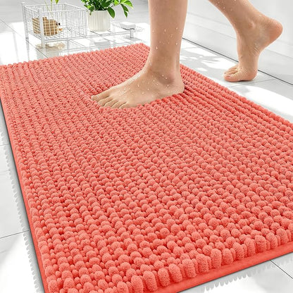 OLANLY Thick Chenille Bathroom Rugs 34x21, Soft Absorbent Bath Mat, Coral | Bath Rugs, Rubber Backing, Machine Wash Dry, Bath Mats for Bathroom Floor, Tub and Shower, Home Decor Accessories
