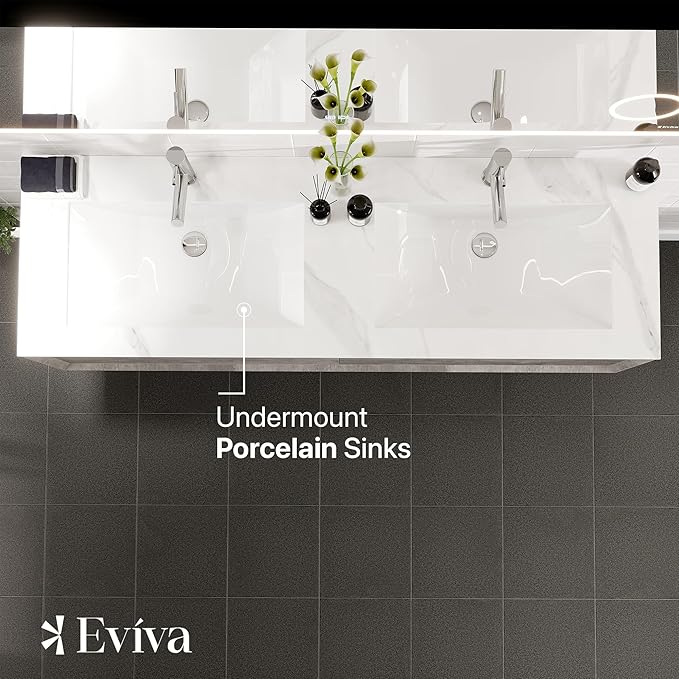 Eviva Aurora 60 in. Concrete Gray Wall Mount Double Sink Bath Vanity with Carrara Quartz Top