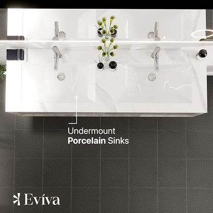 Eviva Aurora 60 in. Concrete Gray Wall Mount Double Sink Bath Vanity with Carrara Quartz Top