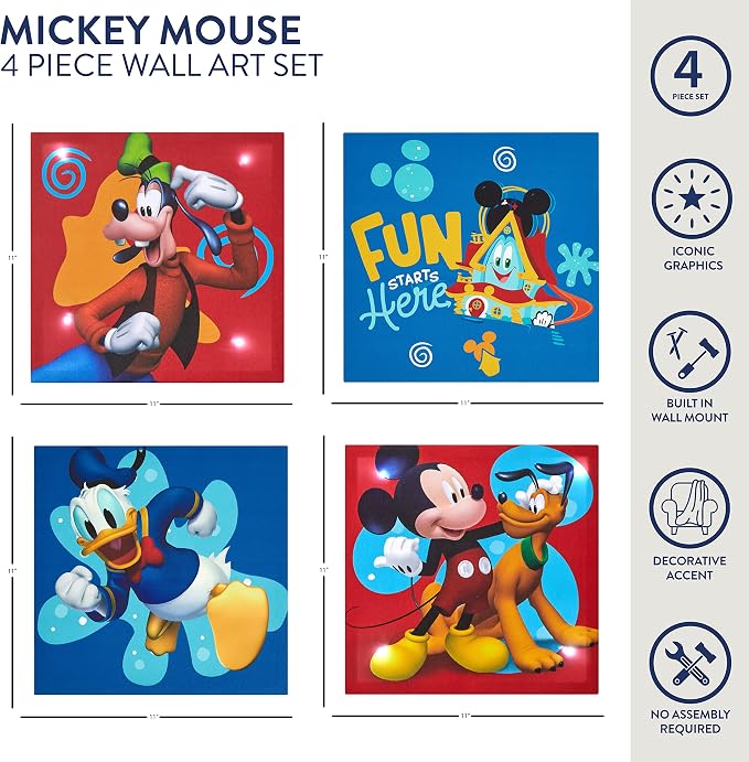 Idea Nuova Disney Mickey Mouse 4 Pack Canvas LED Wall Art Set,Childrens Wall Hanging Décor,Each Piece 11"x11"