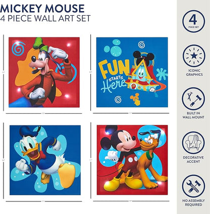 Idea Nuova Disney Mickey Mouse 4 Pack Canvas LED Wall Art Set,Childrens Wall Hanging Décor,Each Piece 11"x11"