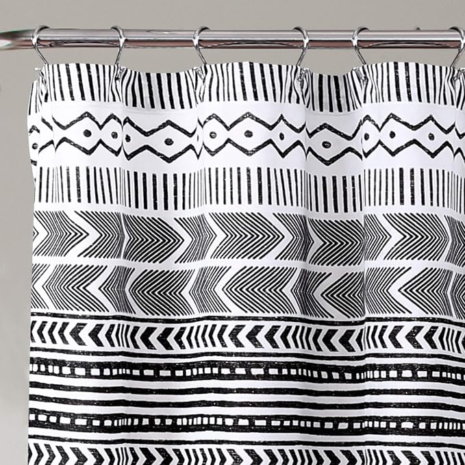 Lush Decor Hygge Geo Shower Curtain, 72" W x 72" L, Black/White - Curtain For Bathroom - Striped Bathroom Decor - Black Bath Accessories - Neutral Color Accessories - Geometric Scandinavian Print