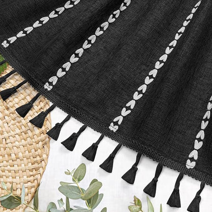 Boho Striped Tassel Linen Shower Curtain,3D Embroidery Stripe Black,54x72 | Wide Stall,310GSM Linen Texture Heavy Duty Cloth,Water Repellent,Chic Cottagecore French Rustic Farmhouse,Wrinkle Resistant