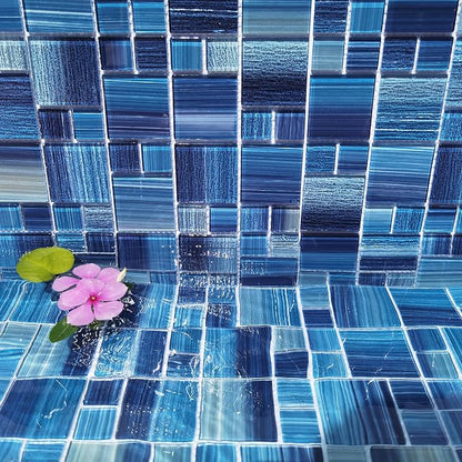 Glass Mosaic Tile,Hand-Painted,12”X12” Ocean Blue, Glossy &Textured, Resistant Fading and Scratch for Pool Tiles,Kitchen Backsplash,Bathroom, Shower, Waterline, Fountain, Spa (5 Sheets,5 Sq.Ft.)