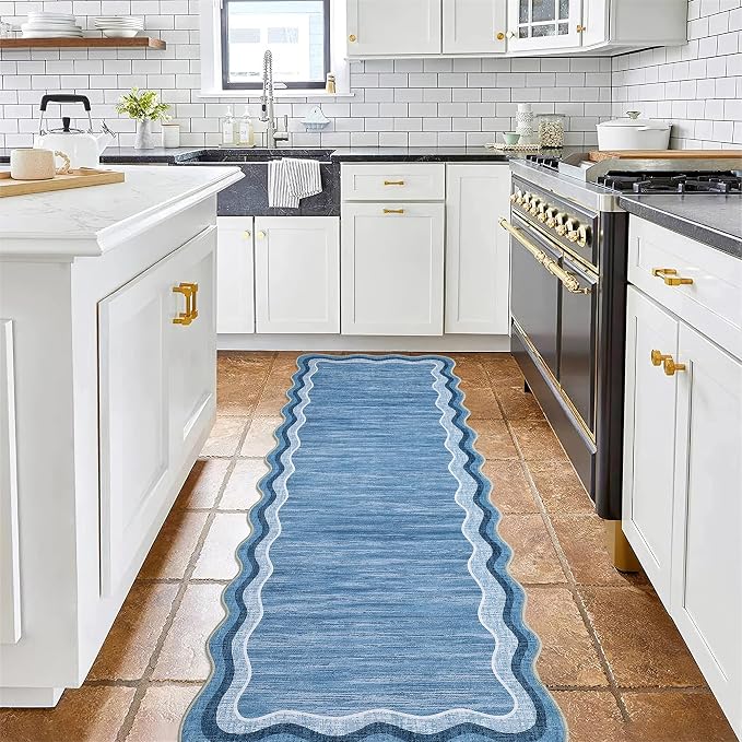 Garvee Washable Runner Rug 2x6 Modern Solid Scalloped Kitchen Runner Blue | Modern Long Runner Rug for Entryway Bedroom, Non Slip Low Pile Solid Runner Rugs for Entryway, Nursery Rugs Runner