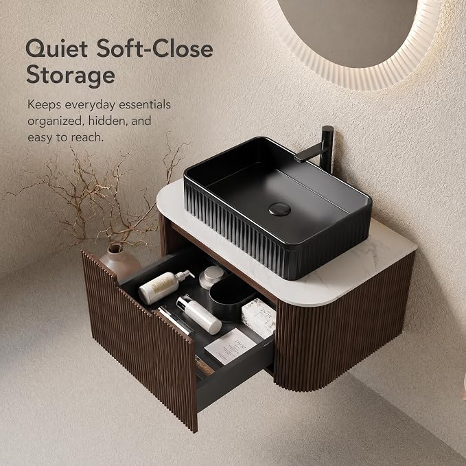 30 Inch Bathroom Vanity with Sink, Floating Wall Mounted Single Sink Vanity, Dark Walnut Curved Fluted Front, Stone Top, Black Textured Rectangular Vessel Basin, Pre-Assembled