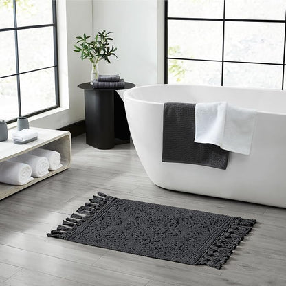 Jean Pierre - Ricardo Bath Mat, Woven Fringe Bathroom Rugs, 100% Cotton, Premium Bathroom Decor - Measures 21" x 41" - Black