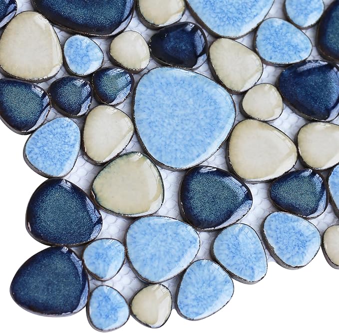 Shower Floor Pebble Tile Blue Mosaic Tiles for Bathroom Wall Backsplash Floor [Set of 5 Sheets]
