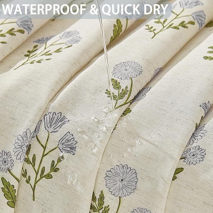 ORTIGIA Linen Textured Ruffle Shower Curtain 72x72 Inch with Metal Hooks, Vintage Blue Green Floral Flowers Block Print Boho Waterproof Bath Curtain for Rustic Farmhouse Bathroom Decor