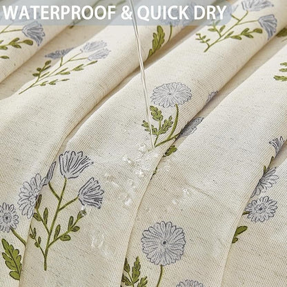 ORTIGIA Linen Textured Ruffle Shower Curtain 72x72 Inch with Metal Hooks, Vintage Blue Green Floral Flowers Block Print Boho Waterproof Bath Curtain for Rustic Farmhouse Bathroom Decor