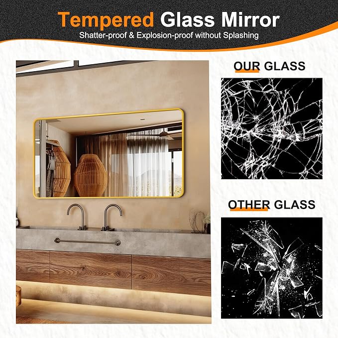 Bathroom Vanity Mirror, Gold Framed Mirror for Over Sink, 50x30 | HD glass, distortion-free for makeup and grooming, Sturdy frame, all mounting hardware, hangs horizontal or vertical