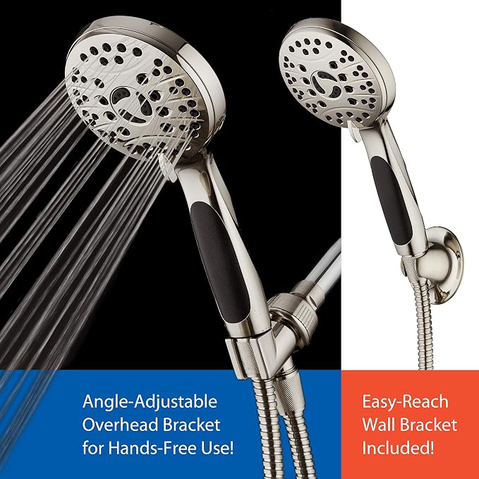 for California - High Pressure 6-setting Luxury Handheld Shower Head, 6 Ft Stainless Steel Hose, Anti Clog Jets, Anti Slip Grip, Top US Brand, Extra Wall Bracket - Brushed Nickel Finish