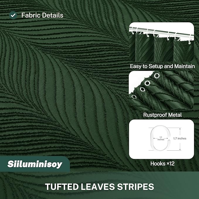 Long Shower Curtain Dark Green 78 Inch Shower Curtain Boho Woven Fabric Tufted Leaves Textured Shower Curtains for Bathroom