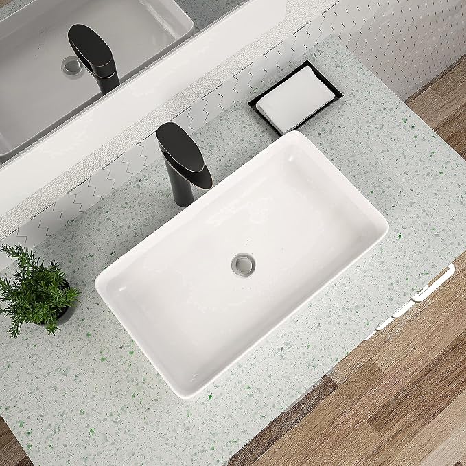 Vessel Sink Rectangular, Dcolora 24"x14" White Vessel Sink Ceramic Porcelain Rectangle Bathroom Vessel Sink Above Counter Vanity Sink Basin