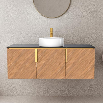 LKTART 48 Inch Bathroom Vanity with Sink, Modern Wall Mounted Bathroom Sink with 3 Doors, Black Sintered Stone Countertop and White Round Ceramic Basin
