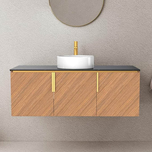 LKTART 48 Inch Bathroom Vanity with Sink, Modern Wall Mounted Bathroom Sink with 3 Doors, Black Sintered Stone Countertop and White Round Ceramic Basin
