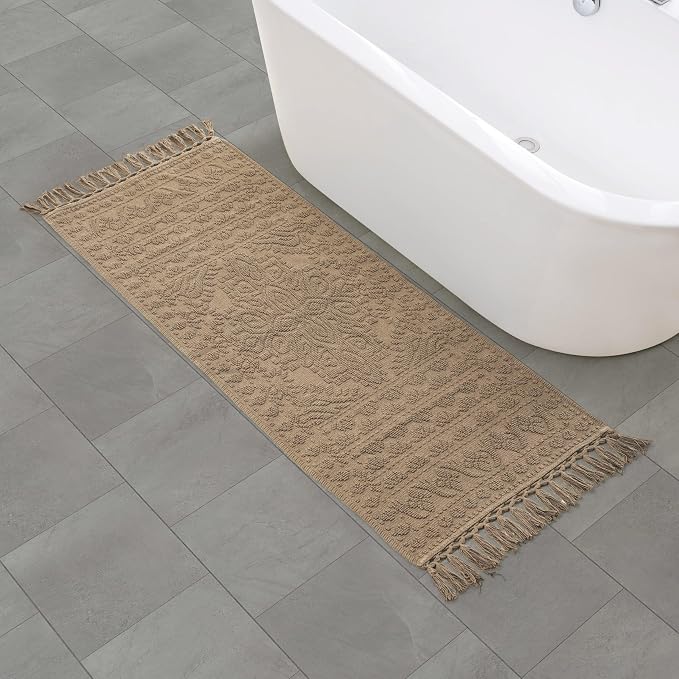 French Connection Nellore Bath Rugs, Woven and Beaded Bath Mats, Durable and Thick Bath Mats for Bathroom and Shower Rugs, 24" x 64", Taupe