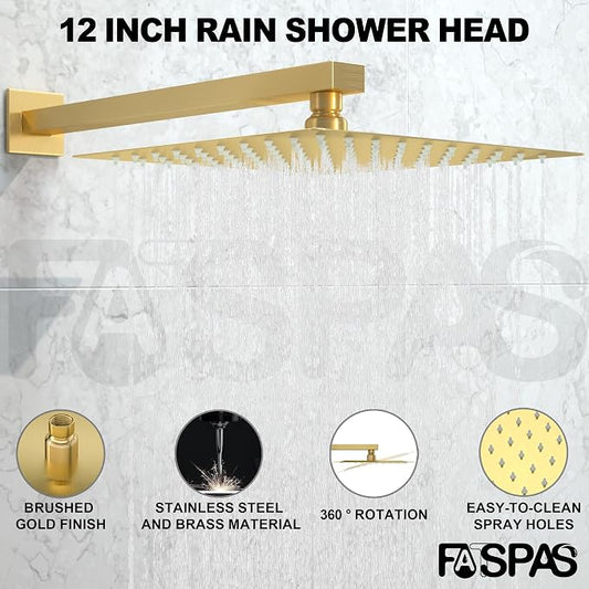 Shower System with 12-Inch Rain Head and Tub Spout | All-Metal Tub Shower Faucet Set, Wall Mounted Rain Showerhead, Handheld Spray, Includes Valve and Trim Kit, Brushed Gold