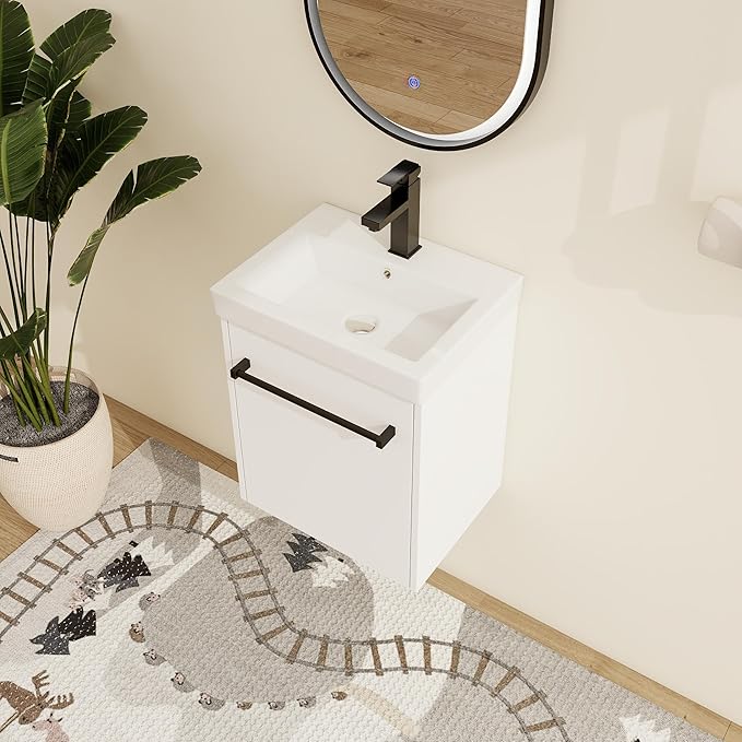 Malwee 18" Floating Bathroom Vanity with Sink, 18 inch Modern White Wall Mounted Bathroom Cabinet Combo for Small Space, Narrow Bath Wall-Hung Vanity Set with 1 Ceramic Basin and 1 Door(18gwh)