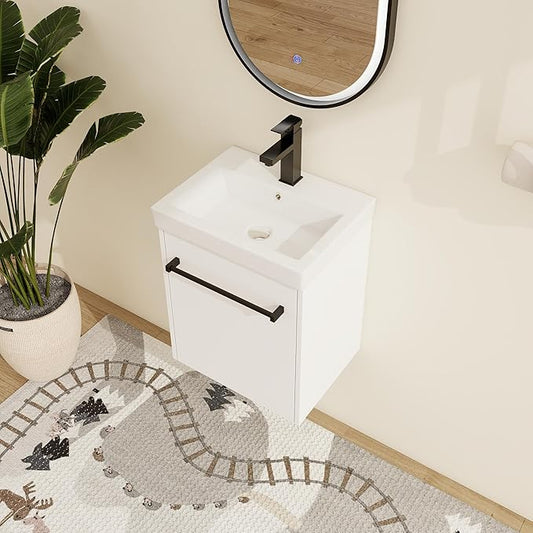 Malwee 18" Floating Bathroom Vanity with Sink, 18 inch Modern White Wall Mounted Bathroom Cabinet Combo for Small Space, Narrow Bath Wall-Hung Vanity Set with 1 Ceramic Basin and 1 Door(18gwh)
