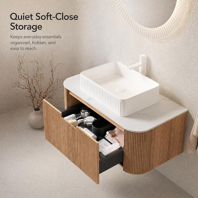 36 Inch Bathroom Vanity with Sink, Floating Wall Mounted Single Sink Vanity, Natural Woodgrain Curved Fluted Front, Stone Top, White Textured Rectangular Vessel Basin, Pre-Assembled