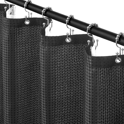 Siiluminisoy Shower Curtain and Liner Set, Waffle Shower Curtain Set with 12 Stainless Steel Hooks, Waterproof Luxury Fabric Shower Curtains for Bathroom and Hotel, Black, 72" W x 72" H