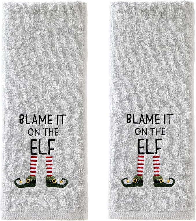 SKL Home Christmas Blame It On The Elf Hand Towel Set-2pc, Gray | 100% Cotton. Soft, embroidered velour. Great for the bathroom, kitchen or bar & holiday gifting.