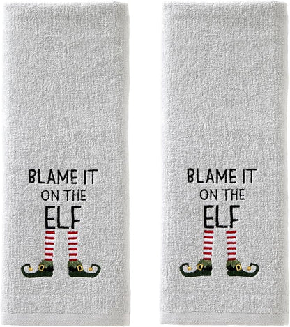 SKL Home Christmas Blame It On The Elf Hand Towel Set-2pc, Gray | 100% Cotton. Soft, embroidered velour. Great for the bathroom, kitchen or bar & holiday gifting.