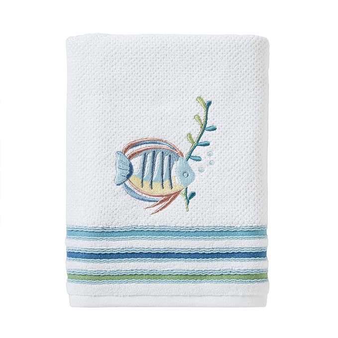 SKL Home Ocean Watercolor Bath Towel, Coastal Embroidery, White | 100% Cotton. 550 GSM. Plush & absorbent terry jacquard. Great for Airbnb, beach homes & coastal décor.