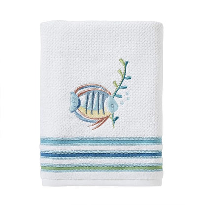 SKL Home Ocean Watercolor Bath Towel, Coastal Embroidery, White | 100% Cotton. 550 GSM. Plush & absorbent terry jacquard. Great for Airbnb, beach homes & coastal décor.