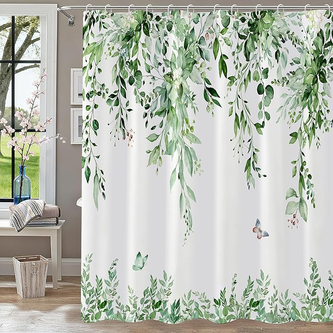 120GSM Green Eucalyptus Shower Curtain with 12PCS Hooks, Watercolor Floral Print Bathroom Décor, Green Botanical Washable Fabric Shower Curtain, 72 x 72 Inch
