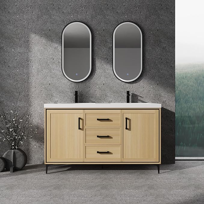 60" Freestanding Bathroom Vanity with Double Resin Sink, Bathroom Vanity with Sink, 2 Soft Closing Doors & 3 Drawers, Original Oak Plywood (KD-Packing)