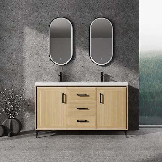 60" Freestanding Bathroom Vanity with Double Resin Sink, Bathroom Vanity with Sink, 2 Soft Closing Doors & 3 Drawers, Original Oak Plywood (KD-Packing)