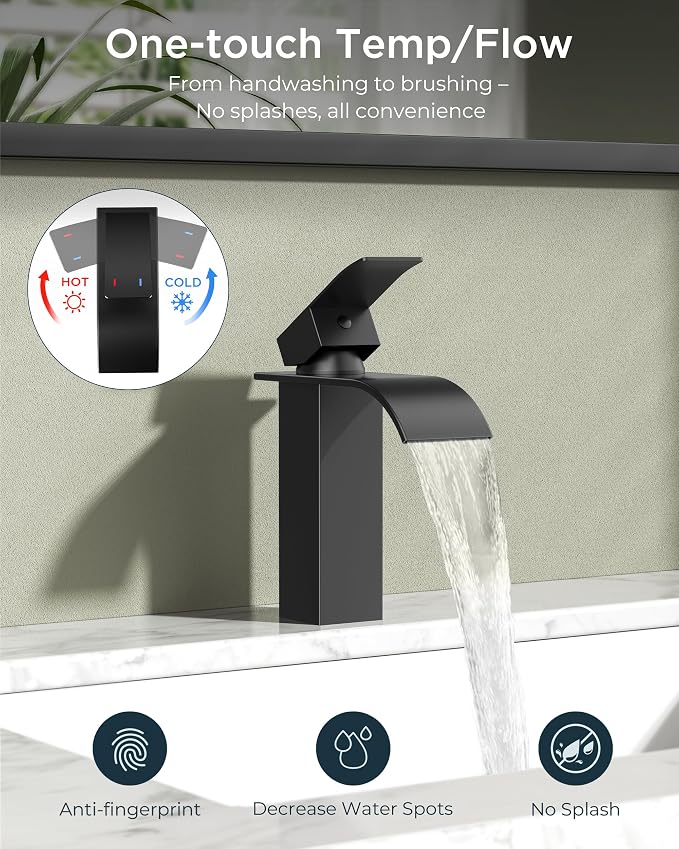 FORIOUS Bathroom Faucet 1 Hole, Waterfall Vanity Sink Faucet Matte Black | Bathroom Sink Faucet 1 or 3 Hole, Square Single Handle with 24" cUPC Supply Line and Pop-up Drain, Fits RV Restroom Basin