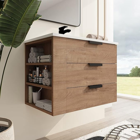 Malwee 30" Floating Bathroom Vanity with Resin Sink, 30 Inch Single Sink Wall Mounted Bathroom Vanity, with 3 Drawers, Bath Wall-Hung Cabinet Set with 3 Side Storage (014-30L)