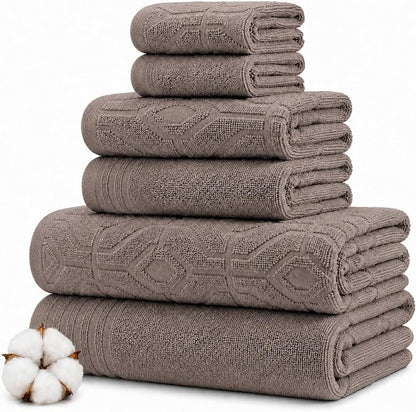 Modern Threads 6 Piece Cotton Bath Towel Set – Ultra Soft 550 GSM Towels – Bathroom Set with Hand Towels and Washcloths – Geometric (Classic Taupe)