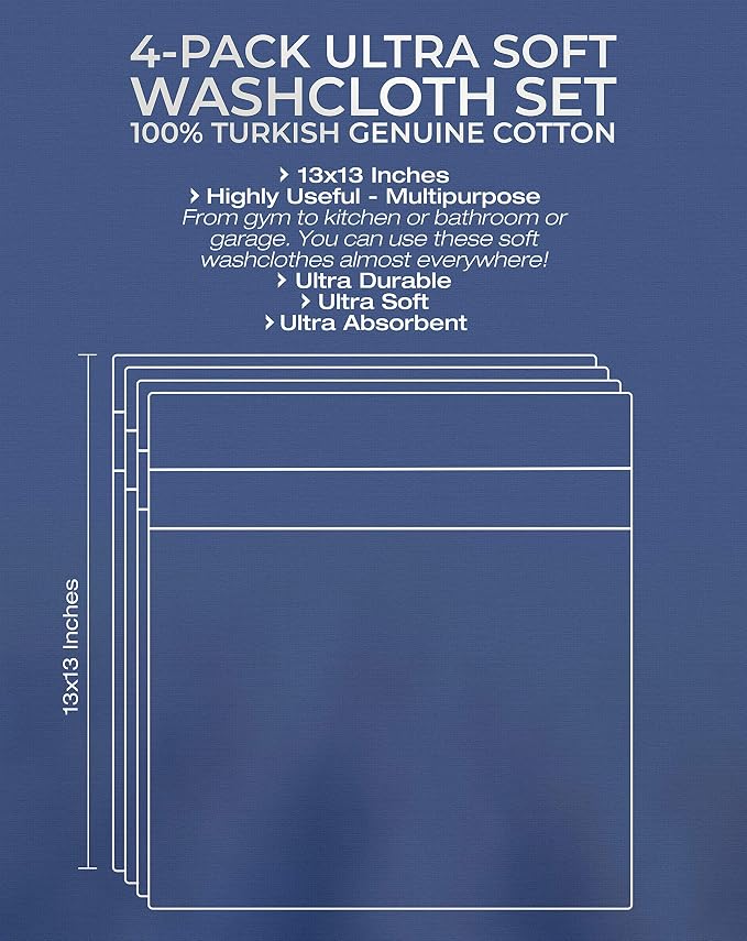 American Veteran Towel, 100% Cotton Turkish Washcloths for Bathroom Essentials 4 Pack, Soft Absorbent Wash Cloths Quick Drying Small Towels Washrags, Light Grey