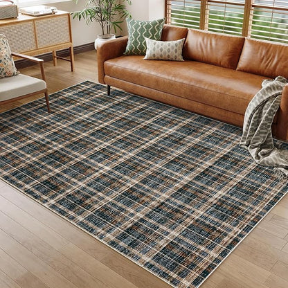 Large Living Room Rugs 10x13 Area Rug Stain Resistant Farmhouse Dining Room Carpet Non Slip Checkered Bordered Carpet for Classroom Dining Room, Black&Brown