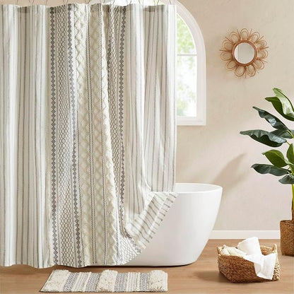 INK+IVY Tufted Chenille Cotton Shower Curtain for Bathroom, Ivory, 72 x 84 | Machine Washable, Boho Tufted Chenille Modern Home Bathroom Decor, Bathtub Privacy Screen, OEKO-TEX Certified