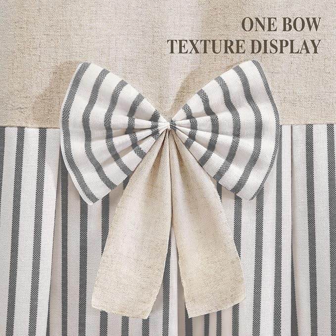 Farmhouse Shower Curtain Linen Bow Pleated Green Stripe 72"W x 72"L | Farmhouse Style, Chic Bow, Striped, Linen Fabric, Rustic, Country, Natural Look, Washable, for Bathroom Bathtub