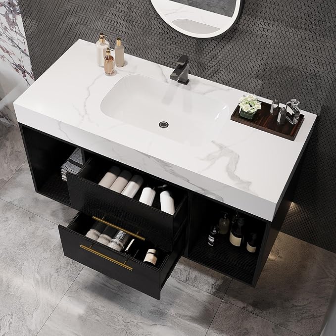 Pvillez 40 inch Bathroom Vanity with Ceramic Sink and Sinter Stone Marble Counter Top Modern Wall Mounted Floating Bathroom Sink Cabinet with 2 Drawers&2 Open Shelves&Gold Metal Handle,Black