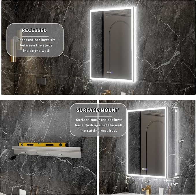 32x24 Lighted Medicine Cabinet with Mirror&Magnifier,LED Medicine Cabinet Mirror for Bathroom,Color Temp, Defogger,Front&Backlit,Built-in Outlets,Dimmable,Soft-closed,Adjustable Shelves,Left Opening