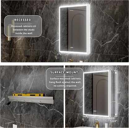 32x24 Lighted Medicine Cabinet with Mirror&Magnifier,LED Medicine Cabinet Mirror for Bathroom,Color Temp, Defogger,Front&Backlit,Built-in Outlets,Dimmable,Soft-closed,Adjustable Shelves,Left Opening