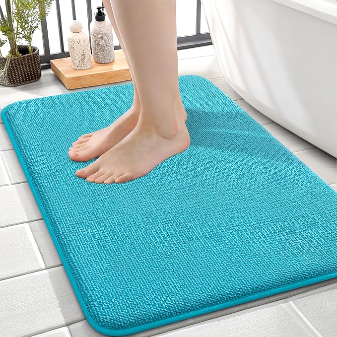 OLANLY Memory Foam Small Bathroom Rugs 24x16, Absorbent Bath Mat, Aqua Sky | Soft Quick Dry Bath Rugs, Non-Slip Carpet, Machine Washable Mat for Bathroom Floor, Tub and Shower, Home Decor Accessories