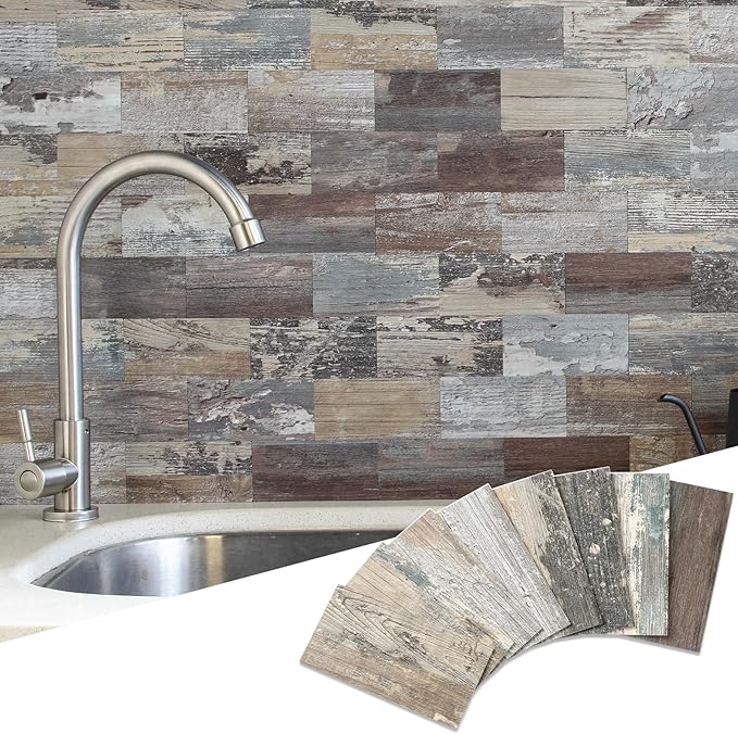 Yipscazo Peel and Stick backsplash 3 x 6 Inches 3D PVC Composite Wall Tile Stick on Backsplash Tile for Kitchen Bathroom, Laundry Room, Fireplace(Wood, 160 Pieces)